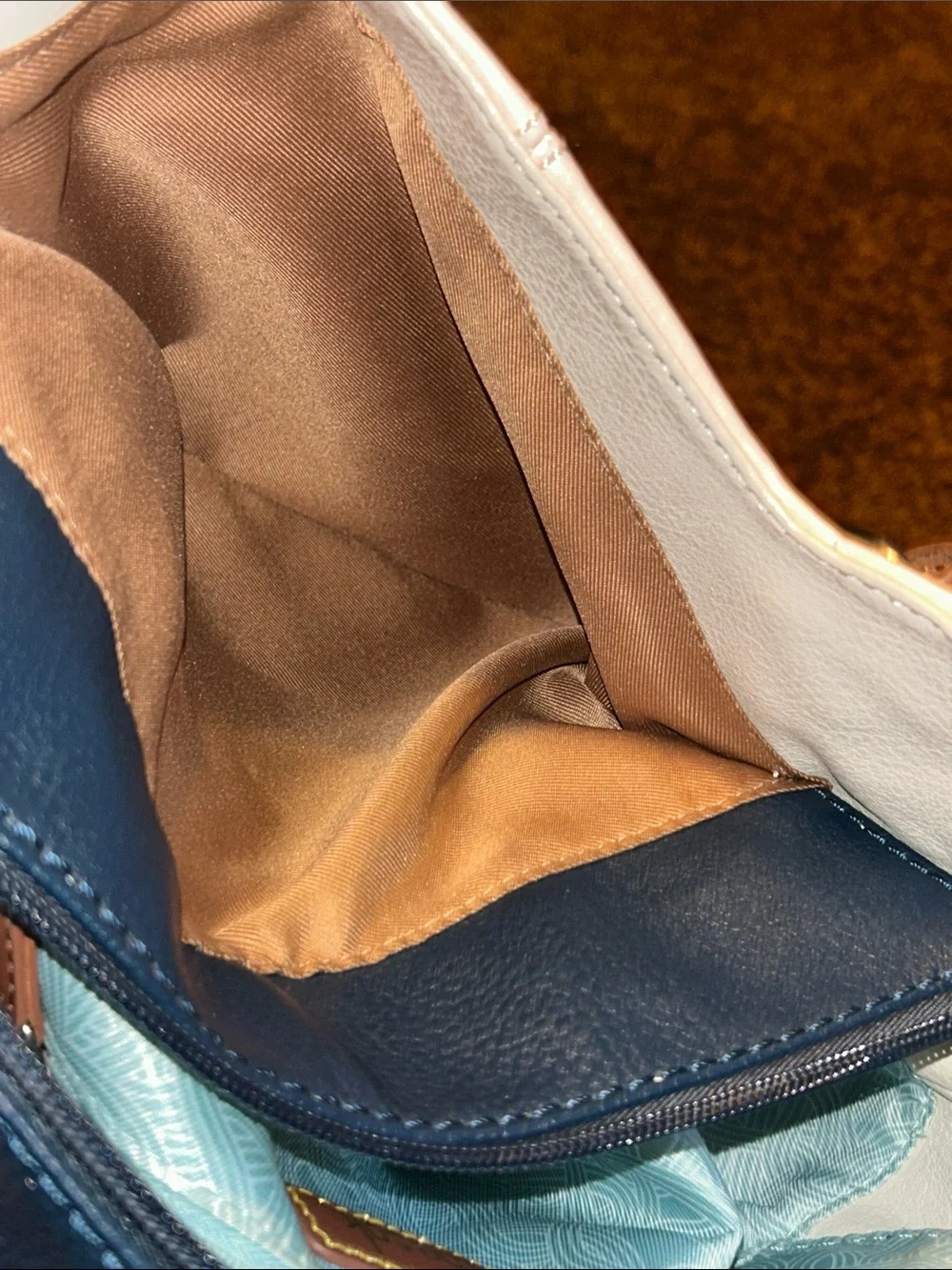 The Sak Cream, Navy & Teal Colorblock Shoulder Bag with Tan Handles